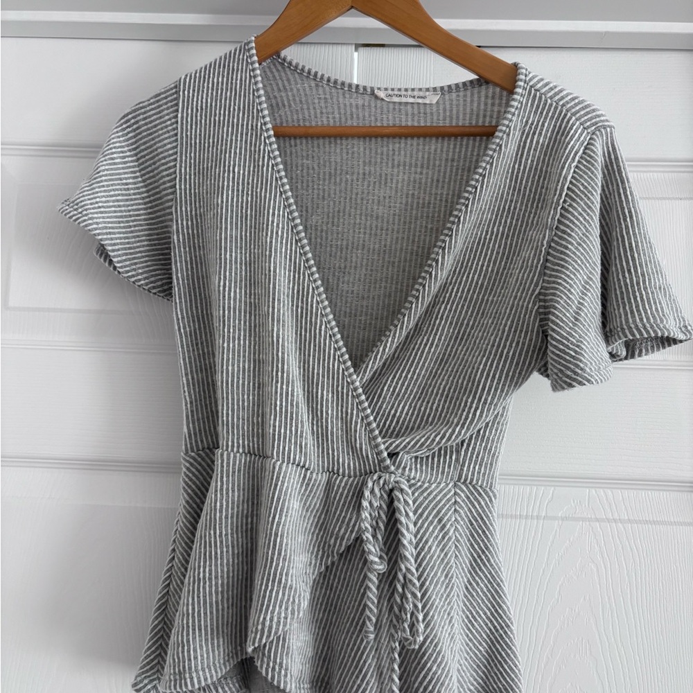 Caution To The Wind Black and White Striped Wrap Blouse